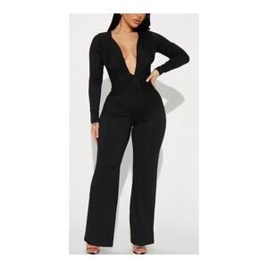 Fashion Nova NEW Forever Perfect Black Wide Leg V Neck Long Sleeve Jumpsuit L